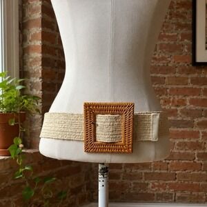 Woven Straw Stretch Belt Rattan Buckle Boho Coastal Retro Statement Cottagecore